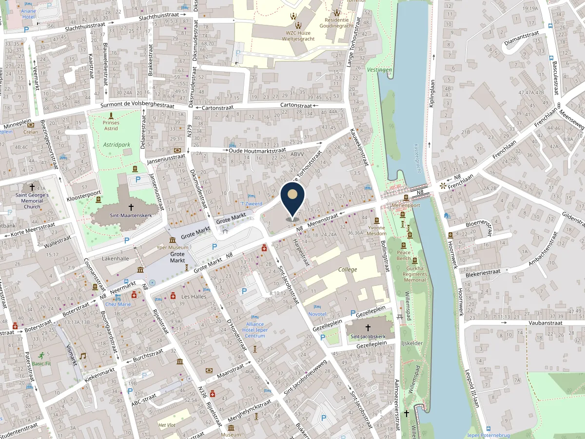 Kaart met de ligging van Captain Cook, Menenstraat 3 in Ieper, vlak bij de Grote Markt
